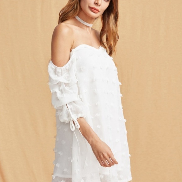 White Off Shoulder Mini Shift Dress - Picture 3 of 5